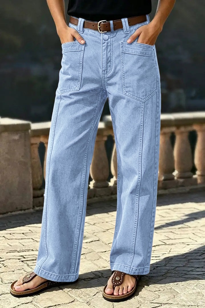 🔥 LAST DAY SALE –Solid Stitch Detail Patch Pocket Mid Rise Straight Leg Pants