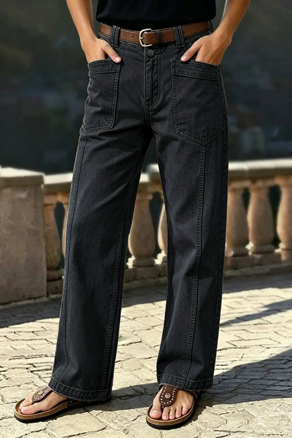 🔥 LAST DAY SALE –Solid Stitch Detail Patch Pocket Mid Rise Straight Leg Pants