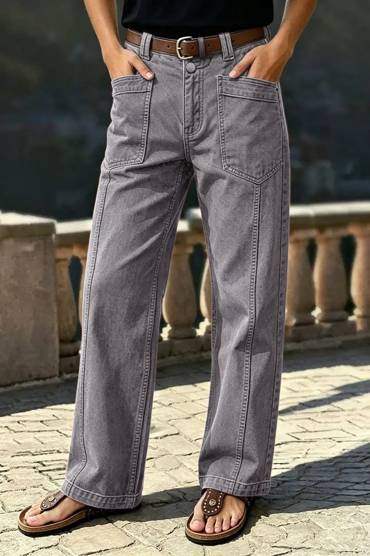 🔥 LAST DAY SALE –Solid Stitch Detail Patch Pocket Mid Rise Straight Leg Pants