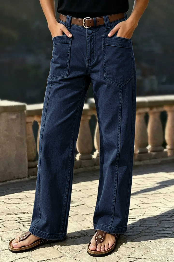 🔥 LAST DAY SALE –Solid Stitch Detail Patch Pocket Mid Rise Straight Leg Pants