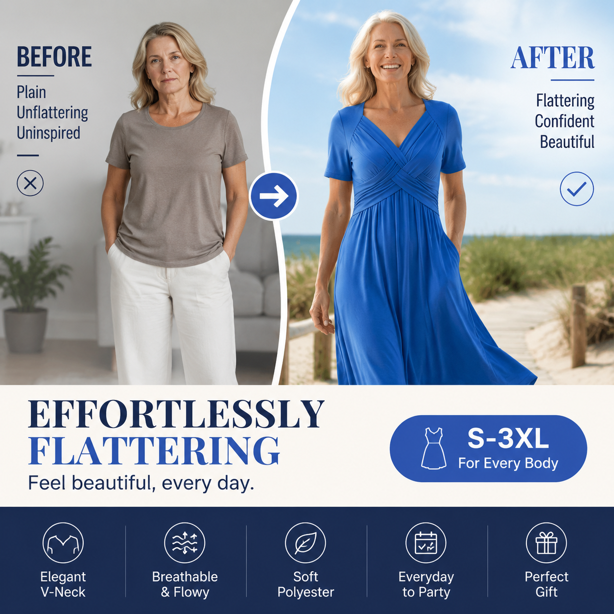 🔥Summer Clearance Sale🔥V-Neck Short Sleeve Dress – Flowy Fit, Timeless Charm