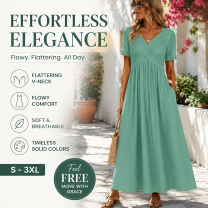 🔥Summer Clearance Sale🔥V-Neck Short Sleeve Dress – Flowy Fit, Timeless Charm