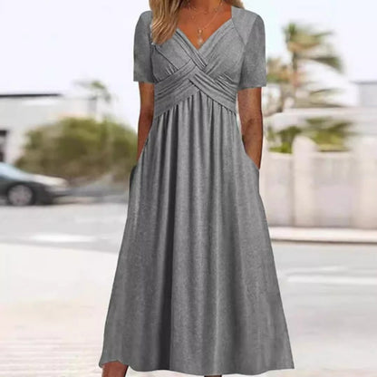 🔥Summer Clearance Sale🔥V-Neck Short Sleeve Dress – Flowy Fit, Timeless Charm