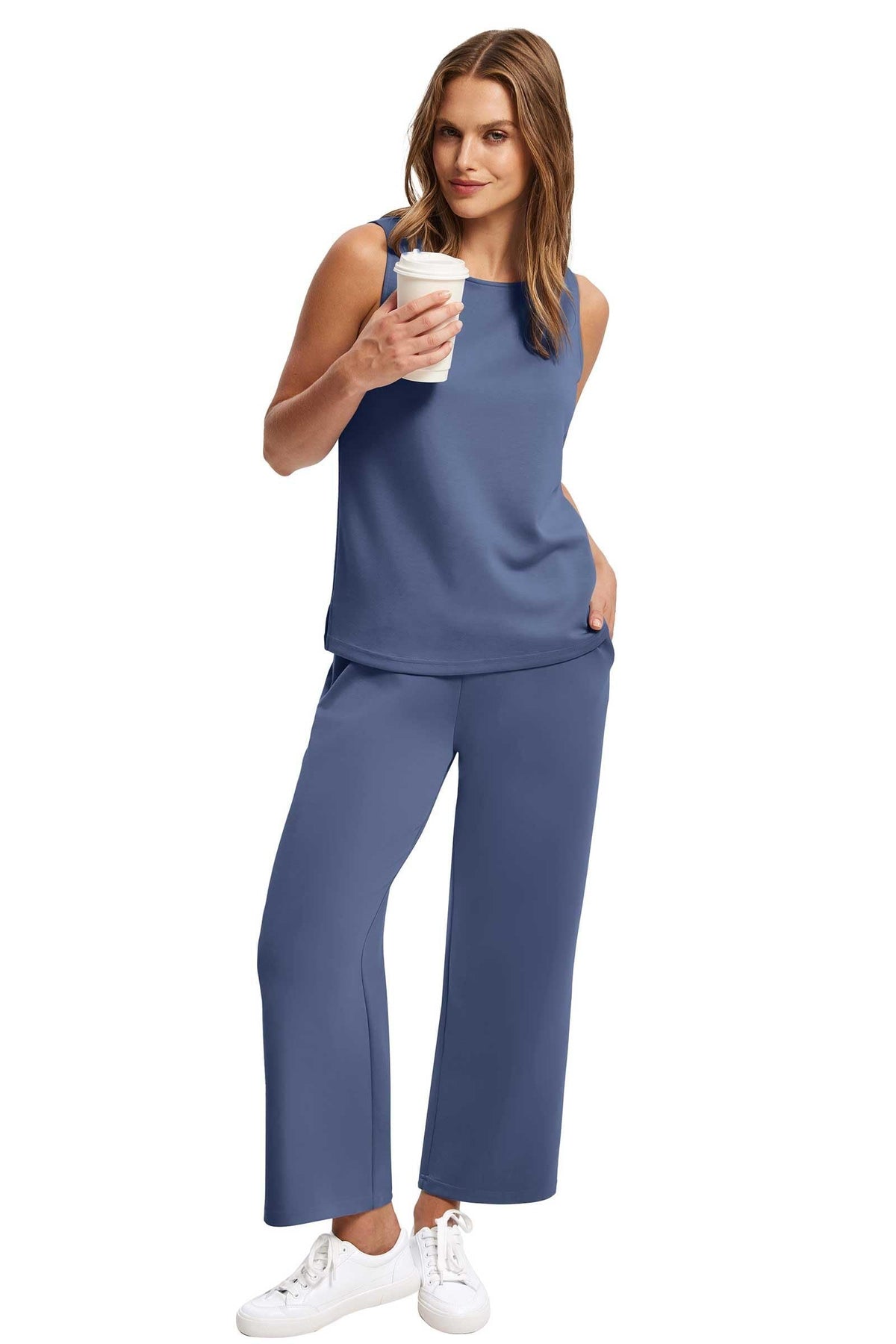 Two Piece Sets for Women Spring/Summer Lounge Sets-Crew neck sleeveless tops with wide leg crop pants