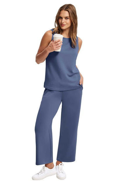 Two Piece Sets for Women Spring/Summer Lounge Sets-Crew neck sleeveless tops with wide leg crop pants