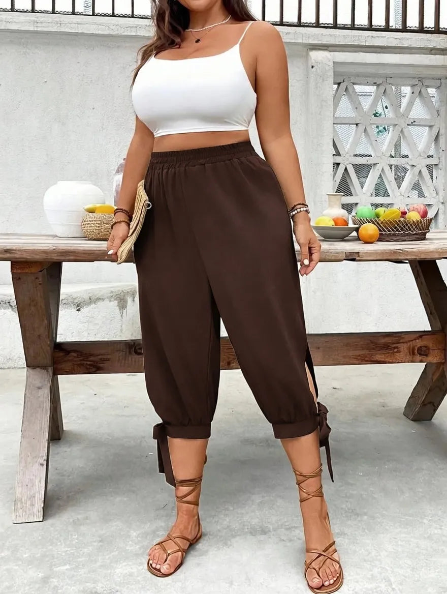 ⏰Last day promotion！Casual Plus Size Plain Capri Pants Elastic Waist Trousers with Side Slit