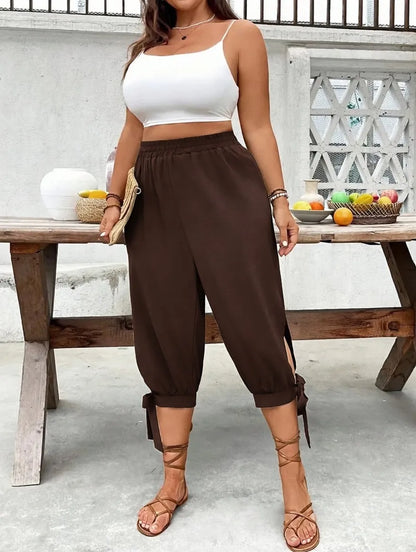 ⏰Last day promotion！Casual Plus Size Plain Capri Pants Elastic Waist Trousers with Side Slit