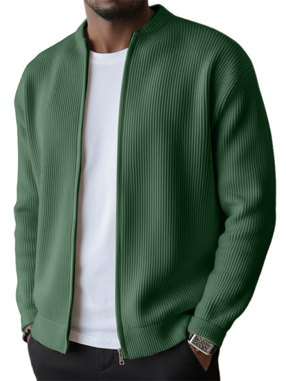 Men's Simple Casual Ribbed Stand Collar Zipper Long Sleeved Jacket（1）