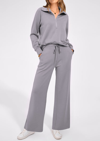 Women's 2 Piece Outfits Casual Lapel Half Zip Sweatshirts And Wide Leg Pants Tracksuit Sets