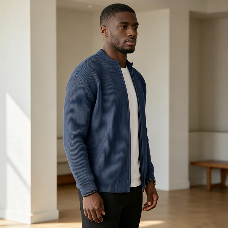 Men's Simple Casual Ribbed Stand Collar Zipper Long Sleeved Jacket