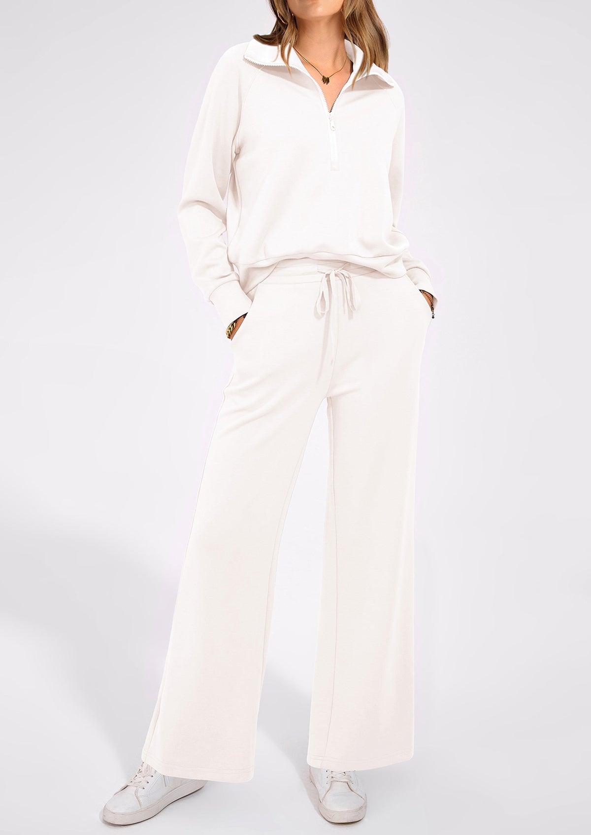 Women's 2 Piece Outfits Casual Lapel Half Zip Sweatshirts And Wide Leg Pants Tracksuit Sets