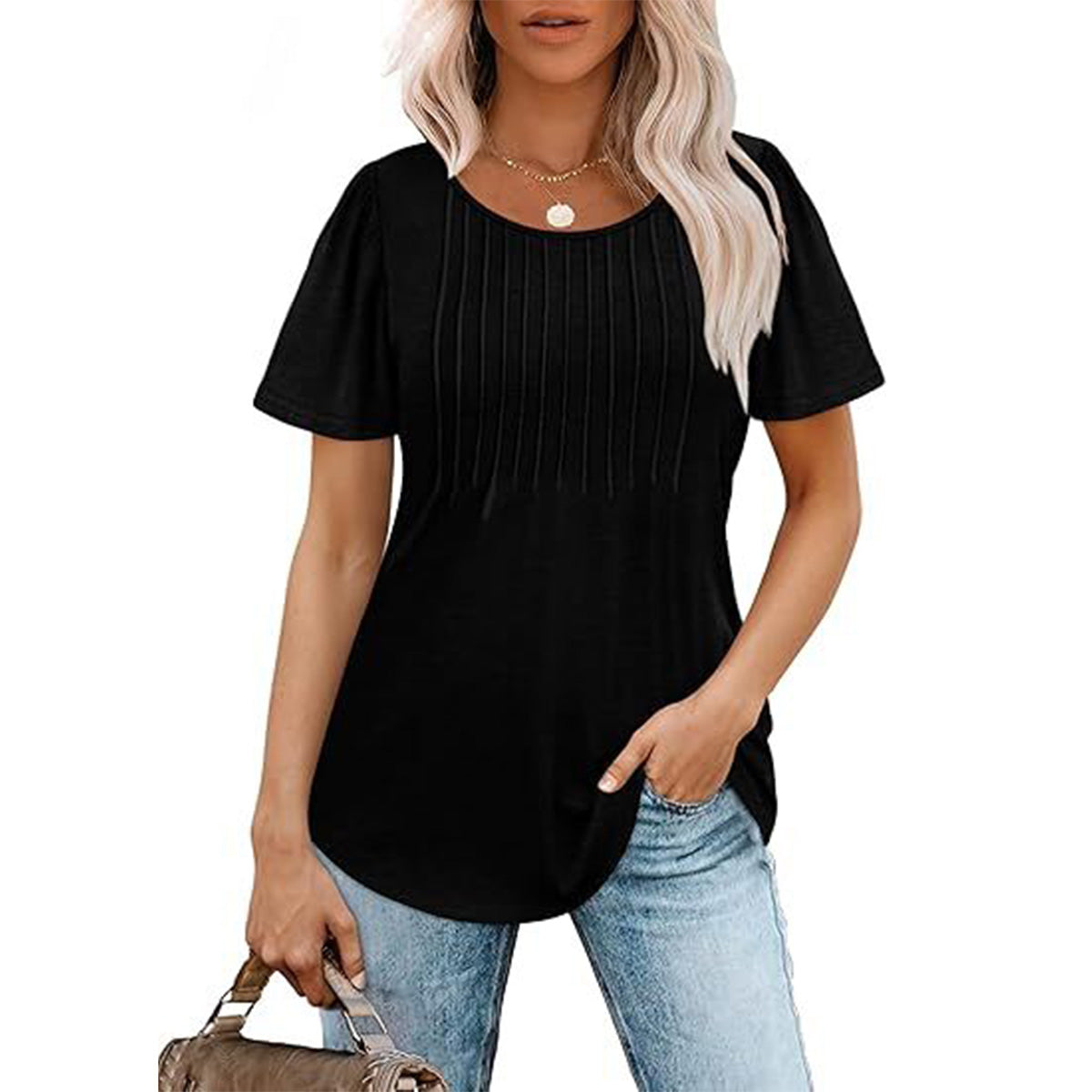 Womens T Shirts Short Sleeve Pleated Dressy Casual Scooped Neck Summer Tops Blouses