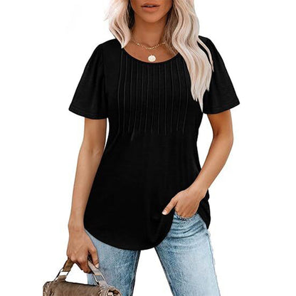 Womens T Shirts Short Sleeve Pleated Dressy Casual Scooped Neck Summer Tops Blouses