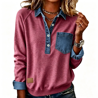 Women's Denim Collar Patchwork Sweatshirt
