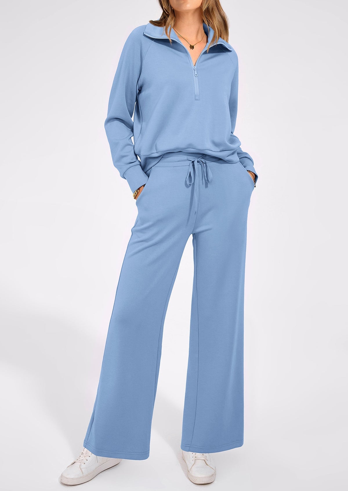 Women's 2 Piece Outfits Casual Lapel Half Zip Sweatshirts And Wide Leg Pants Tracksuit Sets