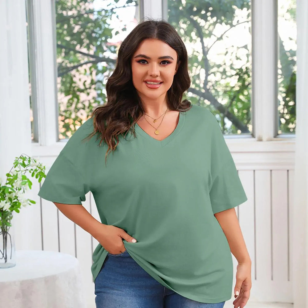 😍Promotion Day🔥Women's Plus Size V Neck T Shirts Loose Fit Cotton Tunic Tops