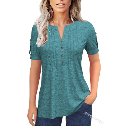 🔥Women’s V Neck T Shirt – Casual Pleated Button Top, Loose Fit Short