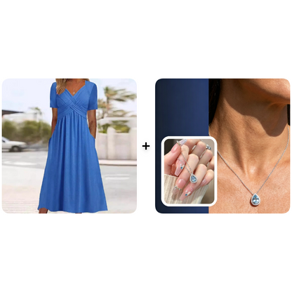 🔥Summer Clearance Sale🔥V-Neck Short Sleeve Dress – Flowy Fit, Timeless Charm