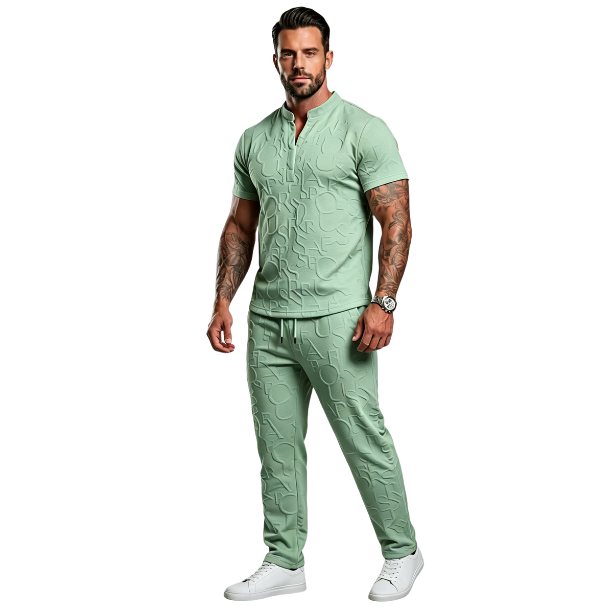 Men's Casual Textured Notched Neck Tee & Regular-Fit Drawstring Trousers