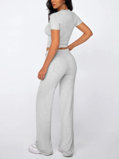 Women's Solid Modal Loungewear Two-Piece Pajama Set, Casual Comfy Soft Round Neck Short Sleeve Tee & Drawstring Pants Set, Ladies Sleepwear for Spring & Fall