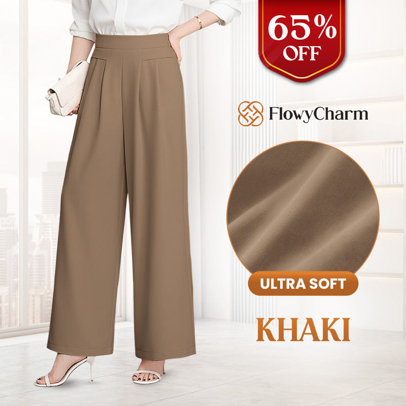 FlowyCharm - Drapey Soft Elegant High-Waisted Wide-Leg Pants.