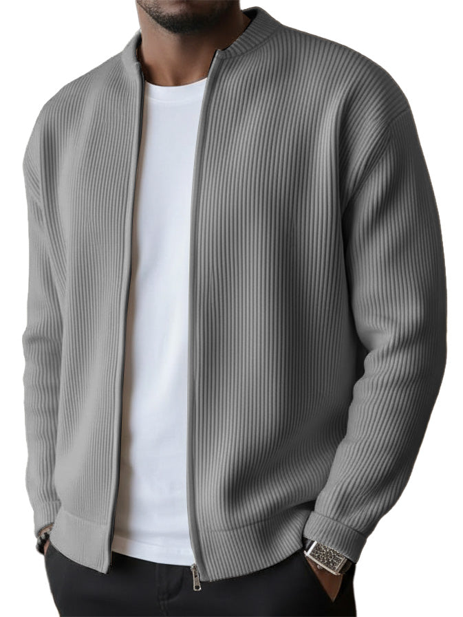 Men's Simple Casual Ribbed Stand Collar Zipper  Long Sleeved Jacket