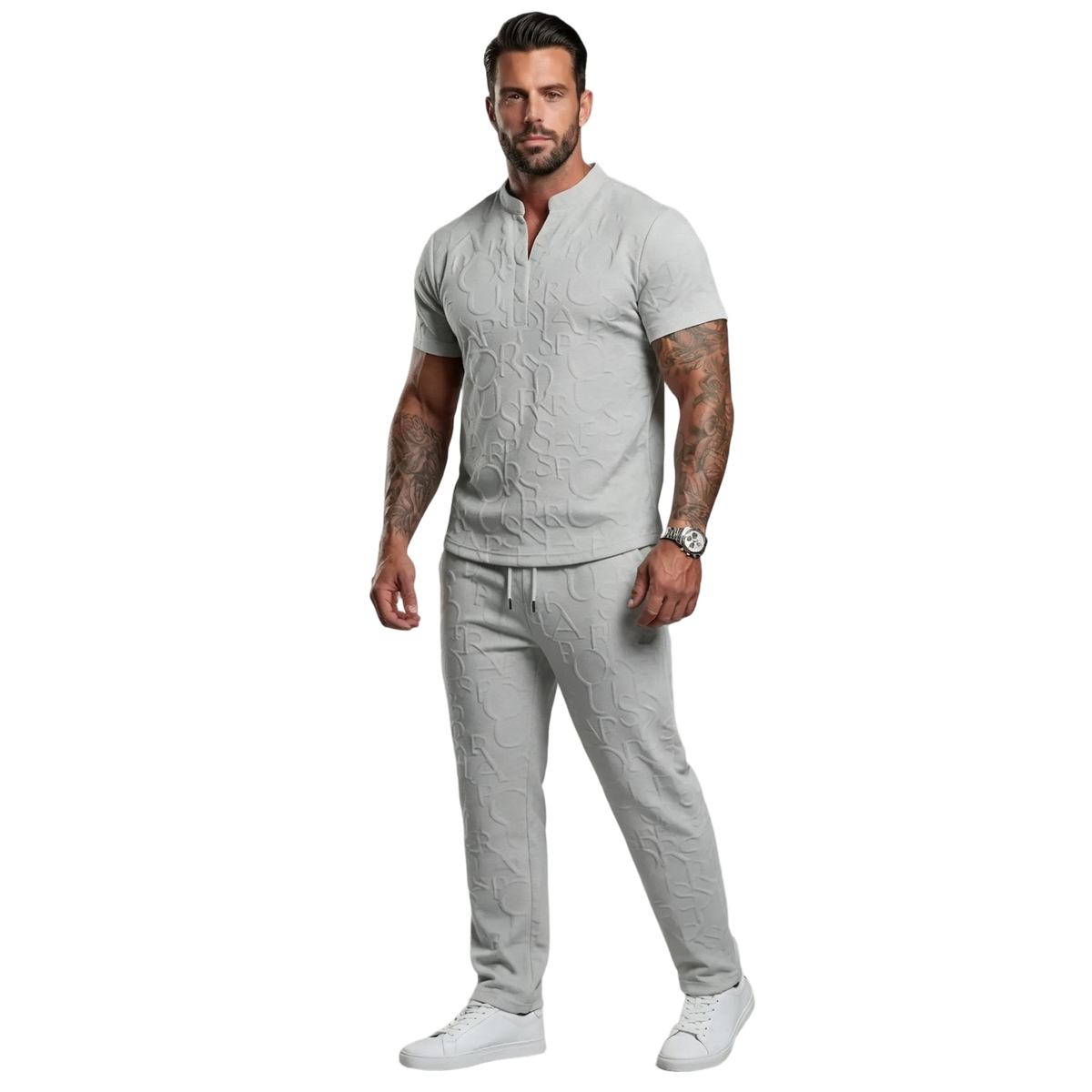 Men's Casual Textured Notched Neck Tee & Regular-Fit Drawstring Trousers