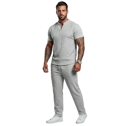 Men's Casual Textured Notched Neck Tee & Regular-Fit Drawstring Trousers