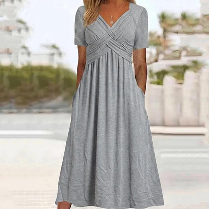🔥Summer Clearance Sale🔥V-Neck Short Sleeve Dress – Flowy Fit, Timeless Charm