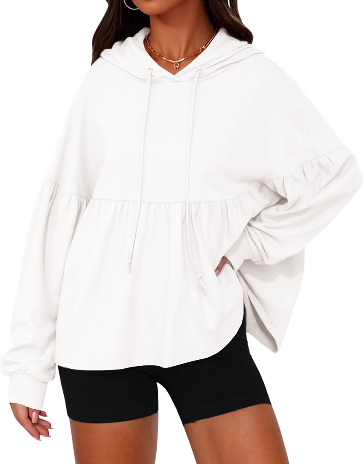 Womens Oversized Hoodies Sweatshirts Casual Lantern Long Sleeve Drawstring Peplum Hem Loose Hooded Pullover Tops