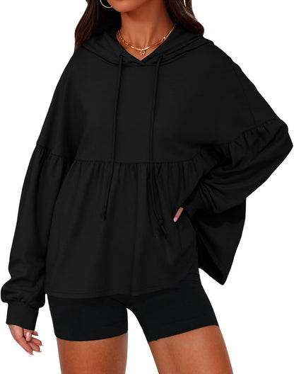 Womens Oversized Hoodies Sweatshirts Casual Lantern Long Sleeve Drawstring Peplum Hem Loose Hooded Pullover Tops