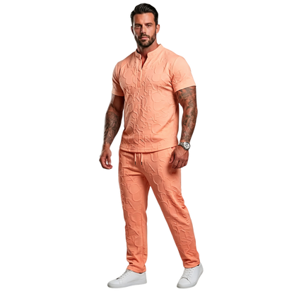 Men's Casual Textured Notched Neck Tee & Regular-Fit Drawstring Trousers
