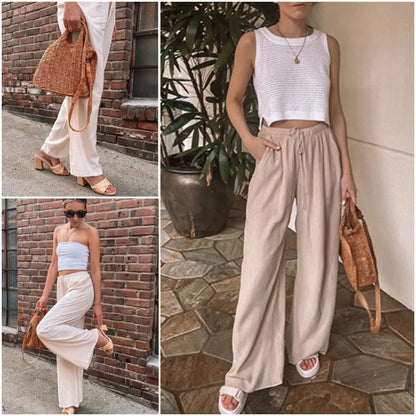 Women's Boho Cotton Linen Wide Leg Pants | High Waist Flowy Beach Palazzo Trousers（1）