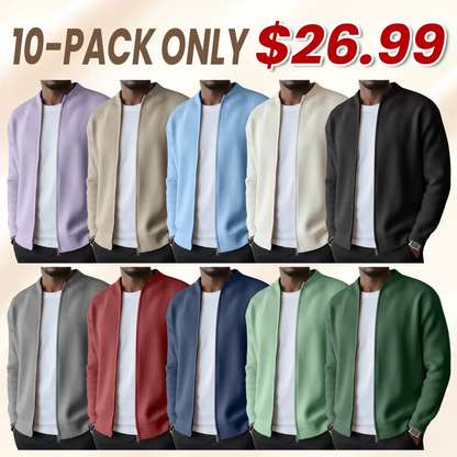 Men's Simple Casual Ribbed Stand Collar Zipper Long Sleeved Jacket