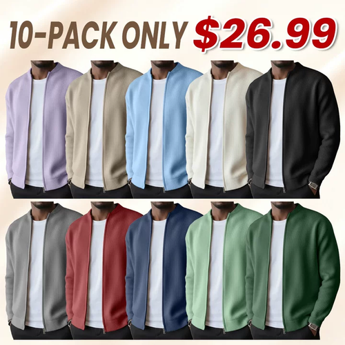 Men's Simple Casual Ribbed Stand Collar Zipper Long Sleeved Jacket