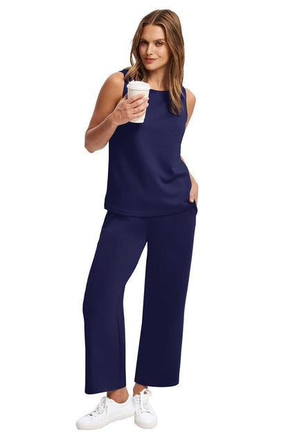 Two Piece Sets for Women Spring/Summer Lounge Sets-Crew neck sleeveless tops with wide leg crop pants