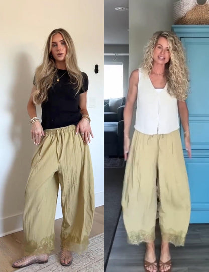Women’s Lace-Trim Wide-Leg Pants – Lightweight Casual Trousers with Elastic Drawstring Waist