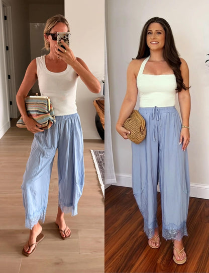 Women’s Lace-Trim Wide-Leg Pants – Lightweight Casual Trousers with Elastic Drawstring Waist