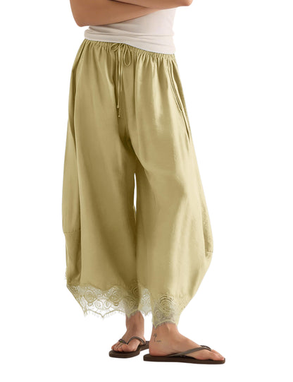 Women’s Lace-Trim Wide-Leg Pants – Lightweight Casual Trousers with Elastic Drawstring Waist