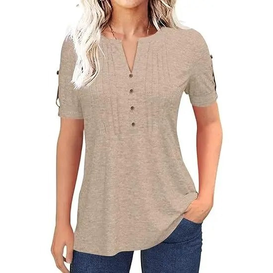 🔥Women’s V Neck T Shirt – Casual Pleated Button Top, Loose Fit Short