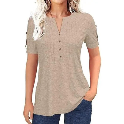 🔥Women’s V Neck T Shirt – Casual Pleated Button Top, Loose Fit Short