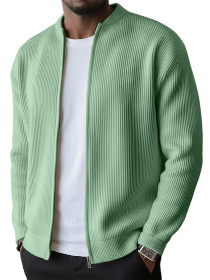 Men's Simple Casual Ribbed Stand Collar Zipper Long Sleeved Jacket（1）