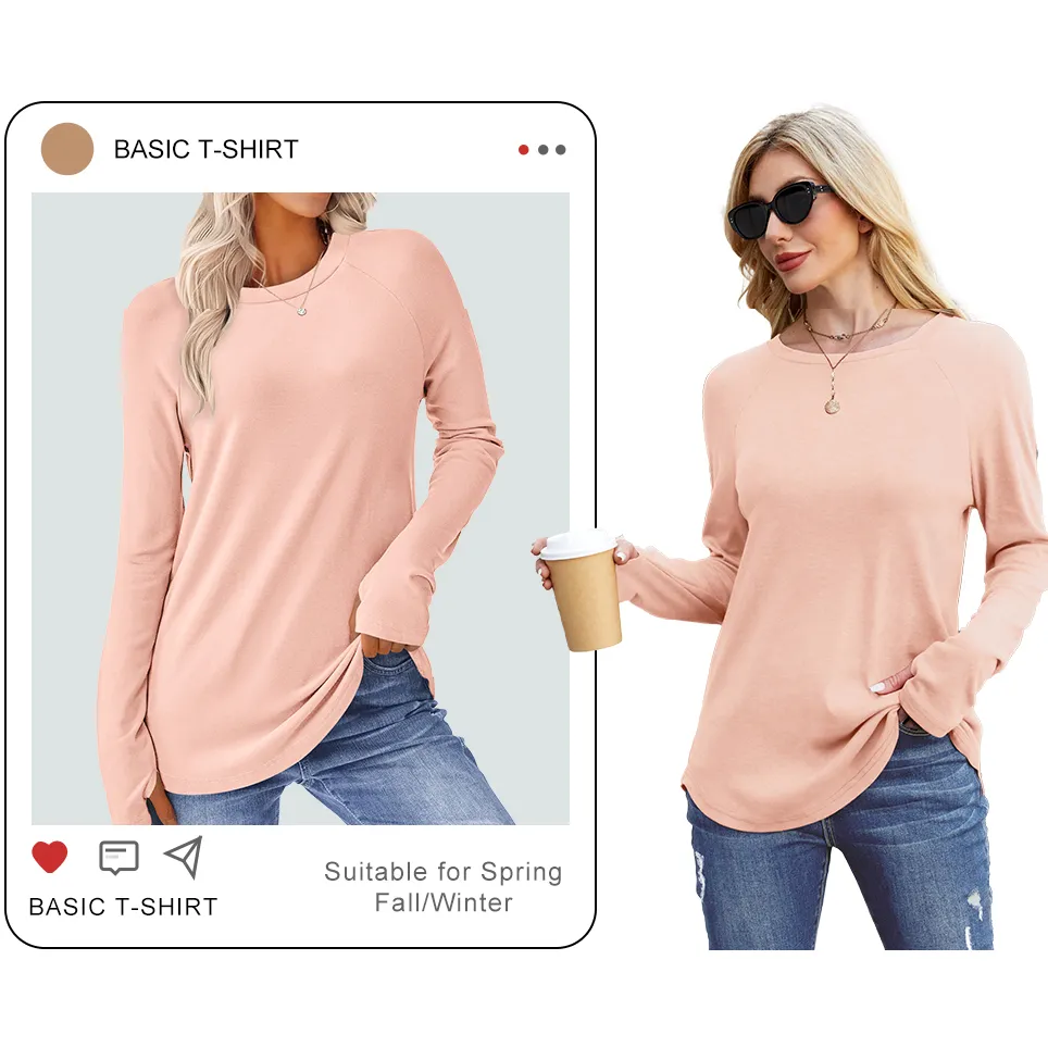 Womens Long Sleeve Round Neck Tunic Tops