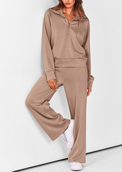 Women's 2 Piece Outfits Casual Lapel Half Zip Sweatshirts And Wide Leg Pants Tracksuit Sets