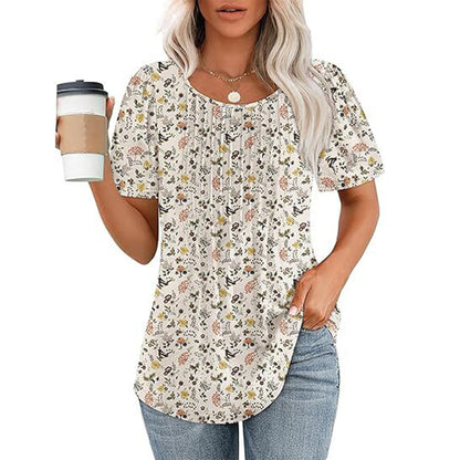 Womens T Shirts Short Sleeve Pleated Dressy Casual Scooped Neck Summer Tops Blouses