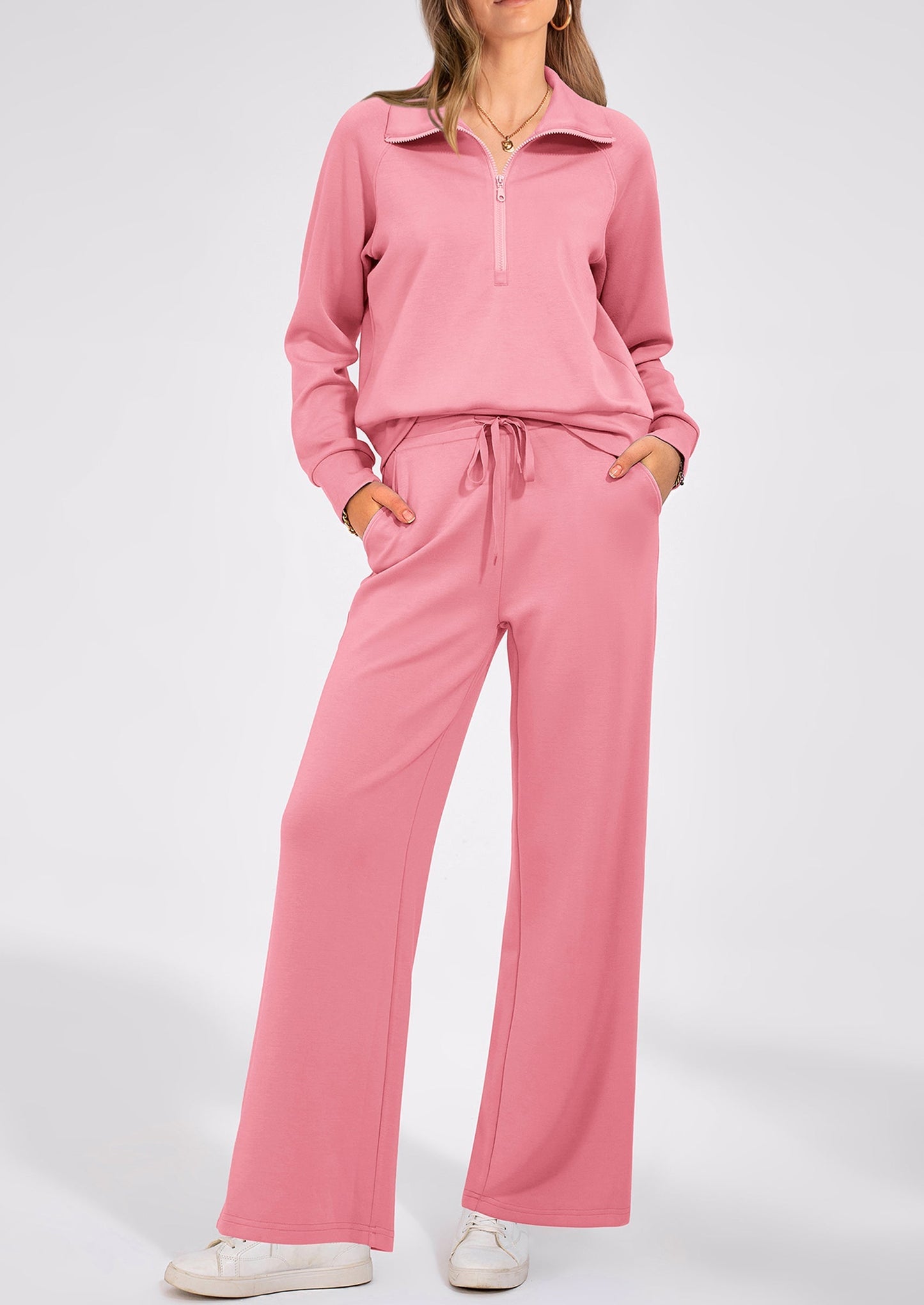Women's 2 Piece Outfits Casual Lapel Half Zip Sweatshirts And Wide Leg Pants Tracksuit Sets