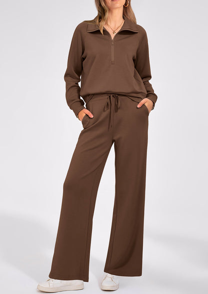 Women's 2 Piece Outfits Casual Lapel Half Zip Sweatshirts And Wide Leg Pants Tracksuit Sets