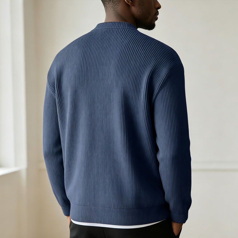 Men's Simple Casual Ribbed Stand Collar Zipper Long Sleeved Jacket