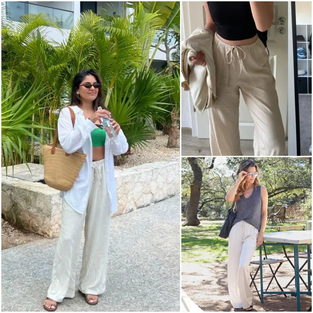 Women's Boho Cotton Linen Wide Leg Pants | High Waist Flowy Beach Palazzo Trousers（1）