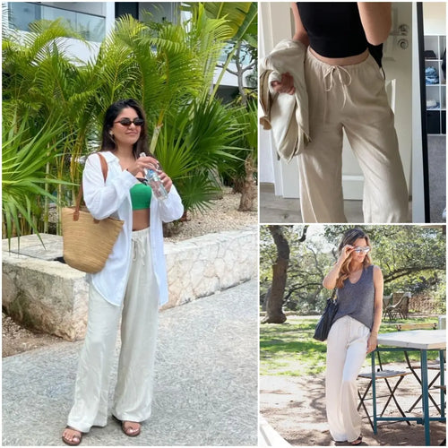 Women's Boho Cotton Linen Wide Leg Pants | High Waist Flowy Beach Palazzo Trousers（1）